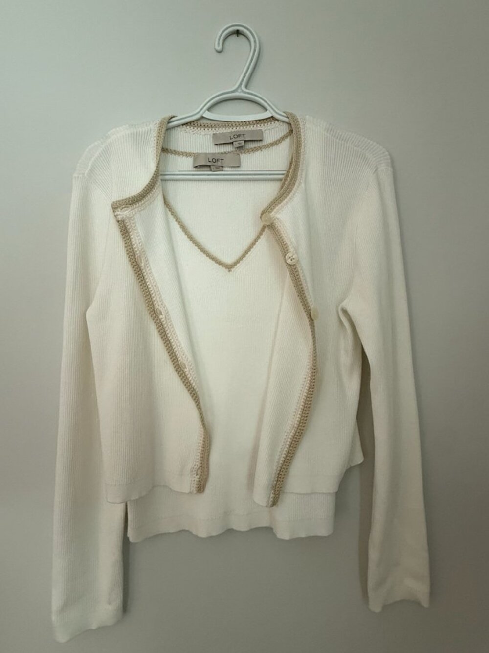 LOFT Beige Embroidered Trim Cardigan Tank Set Size L 2 Piece Sweater Set
